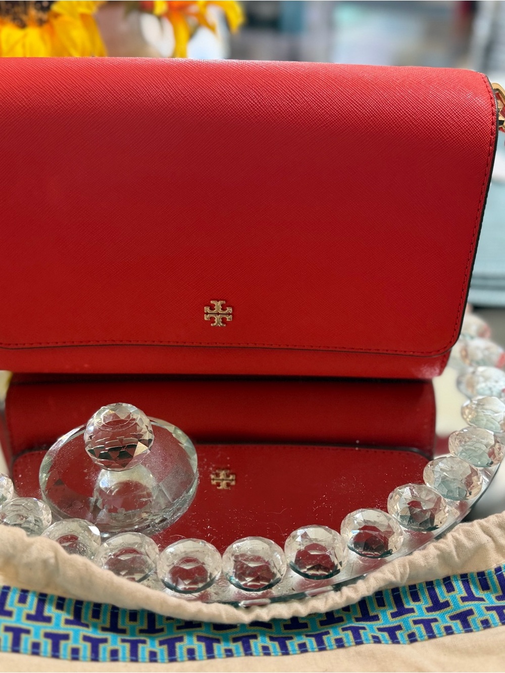 Tory Burch Red Saffiano Leather Flap Crossbody with Gold Logo